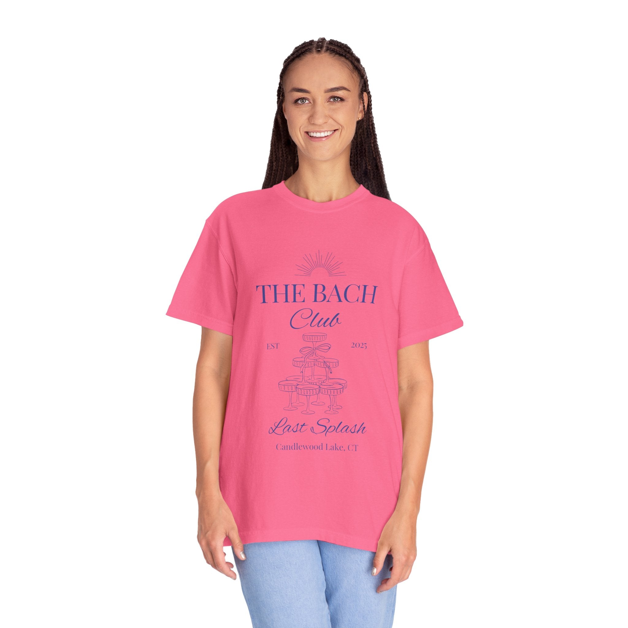 Matching "The Bach Club -Last Splash- Candlewood Lake" -T-Shirt in Blue Writing-Choose a Color-  Perfect for Bachelorette and Wedding Parties- Unisex Vacation Top, Sailor Humor Apparel