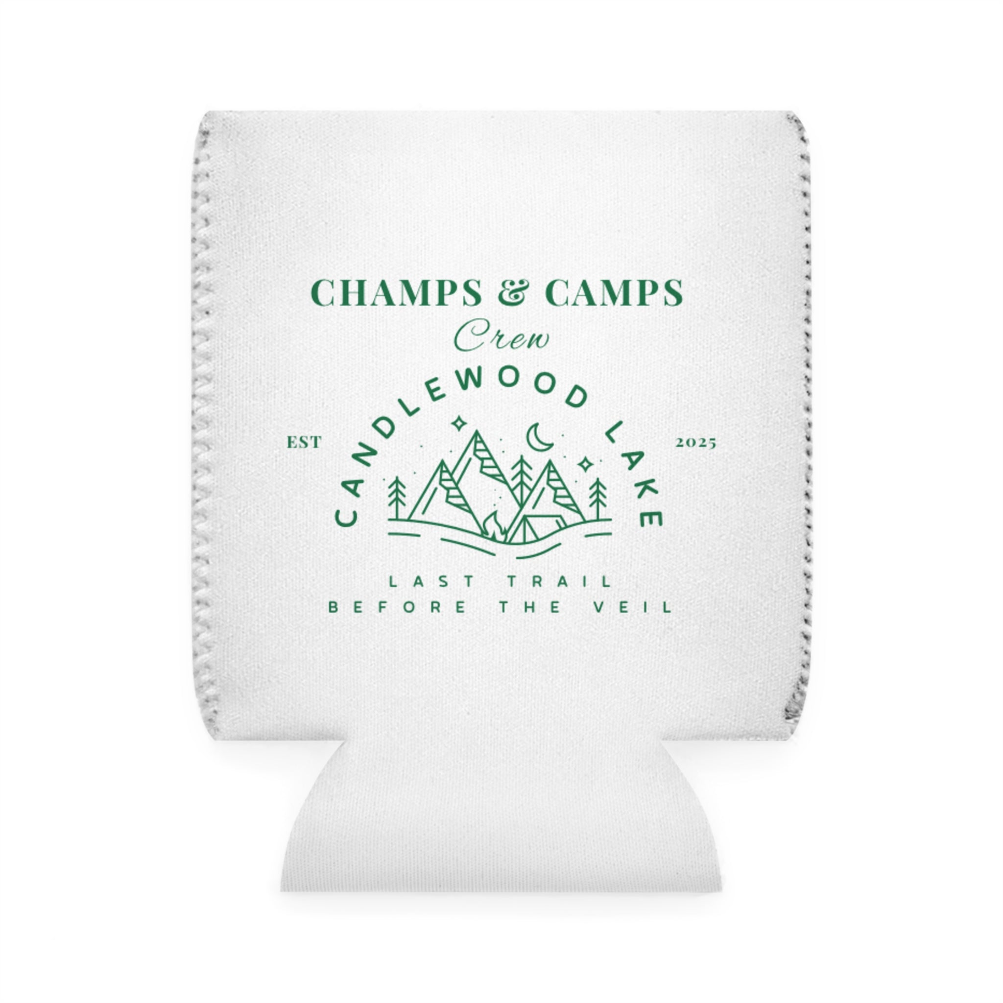 Champs & Camps-Candlewood Lake - Last Trail before the Veil- Stylish Outdoor Can Cooler Sleeve, Perfect for Camping, Beach Days, Parties, Gifts for Outdoors Enthusiasts, Wedding Favors