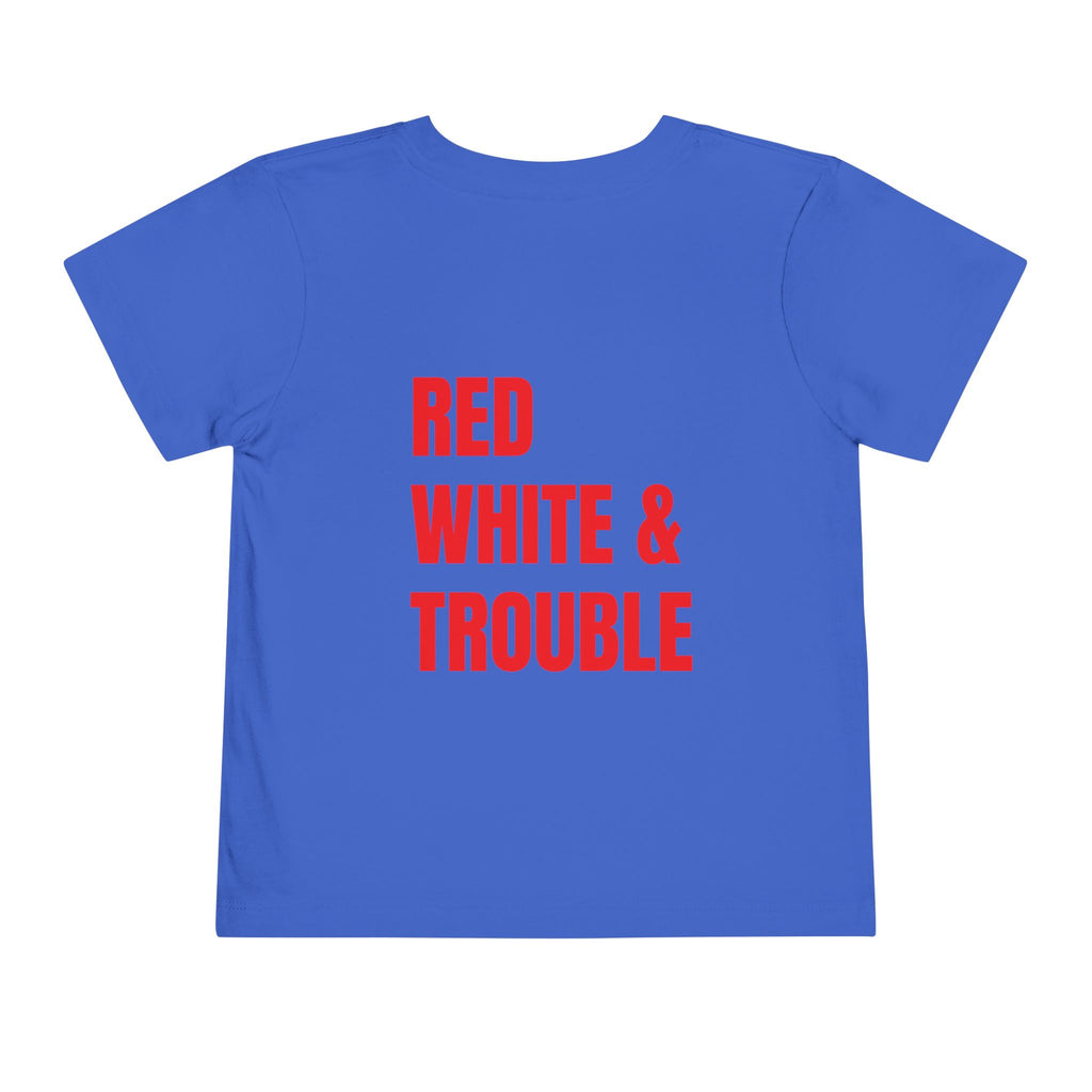 Toddler Short Sleeve - "Red, White & Trouble" (Back) "'Merica" (On Front) , Perfect for Patriotic Celebrations, Kids' Summer Outfit, Fun Playdates, Gifts
