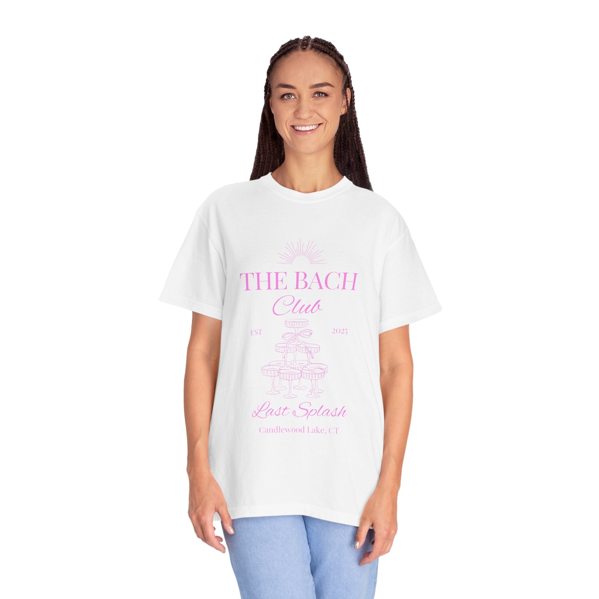 Matching "The Bach Club -Last Splash- Candlewood Lake" -T-Shirt in Pink Writing- Choose a Color- Perfect for Bachelorette and Wedding Parties- Unisex Vacation Top, Sailor Humor Apparel