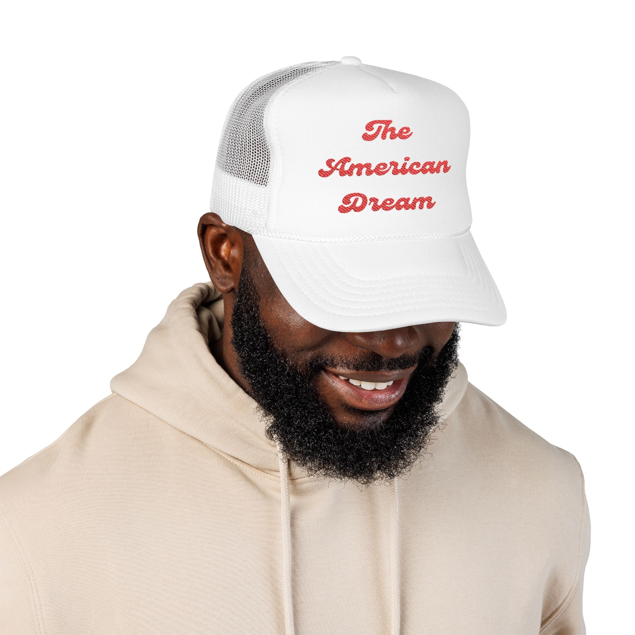 "The American Dream"- Foam Trucker Hat, Embroidered Cap, BBQ Hat, Perfect Gift for Grilling Enthusiasts, Summer BBQ Accessory, Fun Party Hat