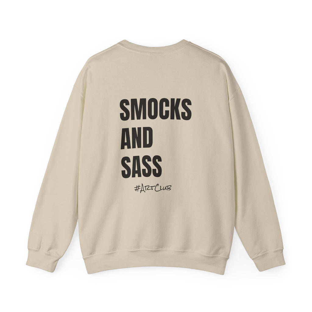 Adult- Art Teacher Crew Neck "Creativity Is Contagious" (Front)- "Smocks And Sass #ArtClub" (Back) -Crewneck Sweatshirt, Cozy Fall Apparel, Unisex Gift, Casual Style, September Vibes, Seasonal Fashion