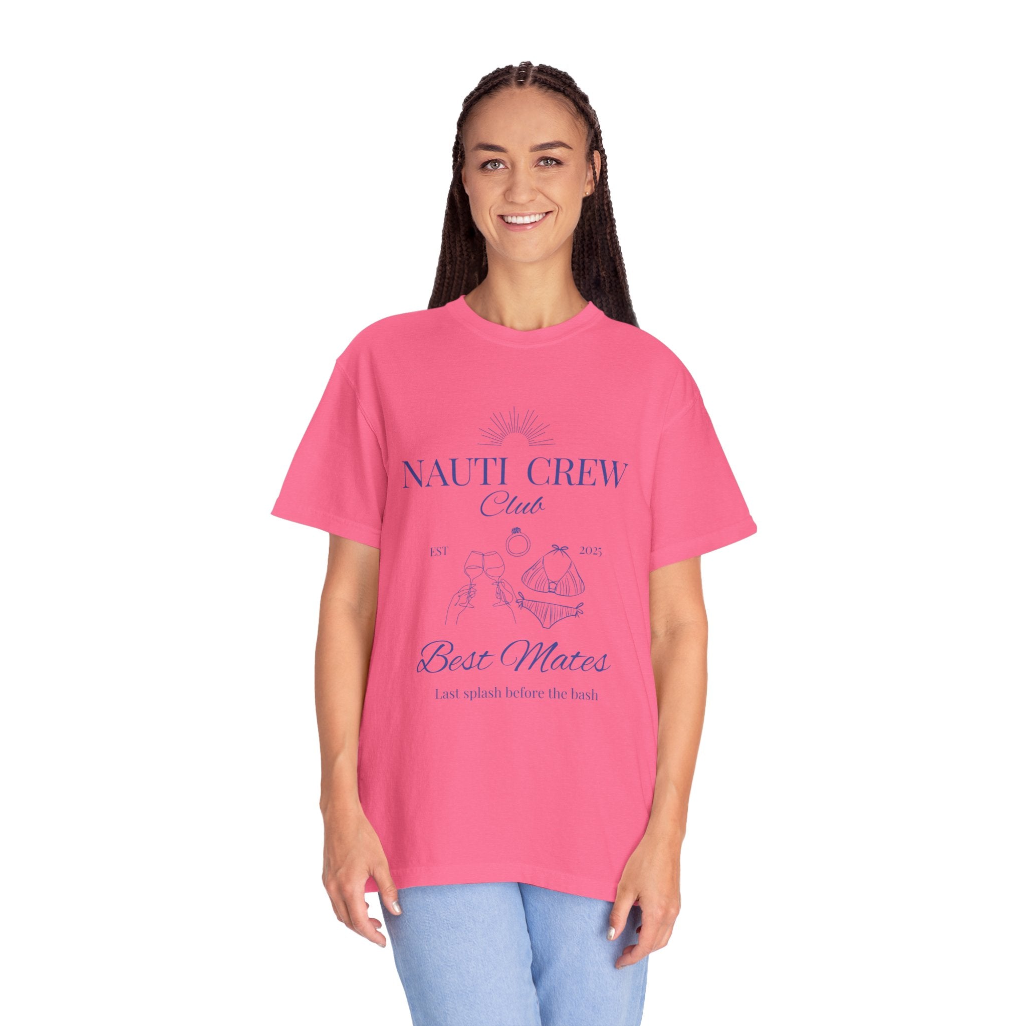 Matching shirt- "Nauti Crew-Best Mates" T-shirt, Unisex Garment-Dyed Tee for Bachelorette and Wedding Parties by the Lake-Perfect for Summer Vacations, Boating Trips, Family Gatherings