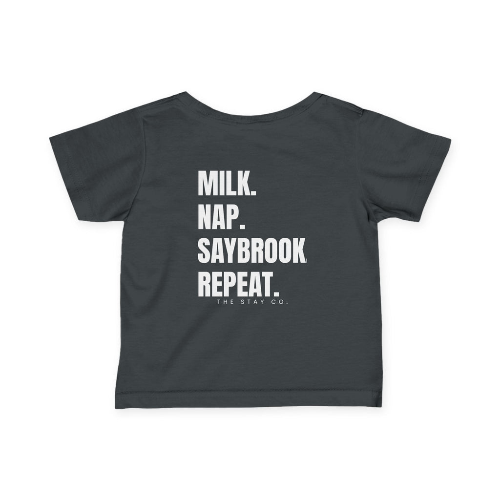 Infant (6M-24M)- Saybrook Manor Association Logo On Front  "MILK. NAP. SAYBROOK. REPEAT." (Back) in White Writing
