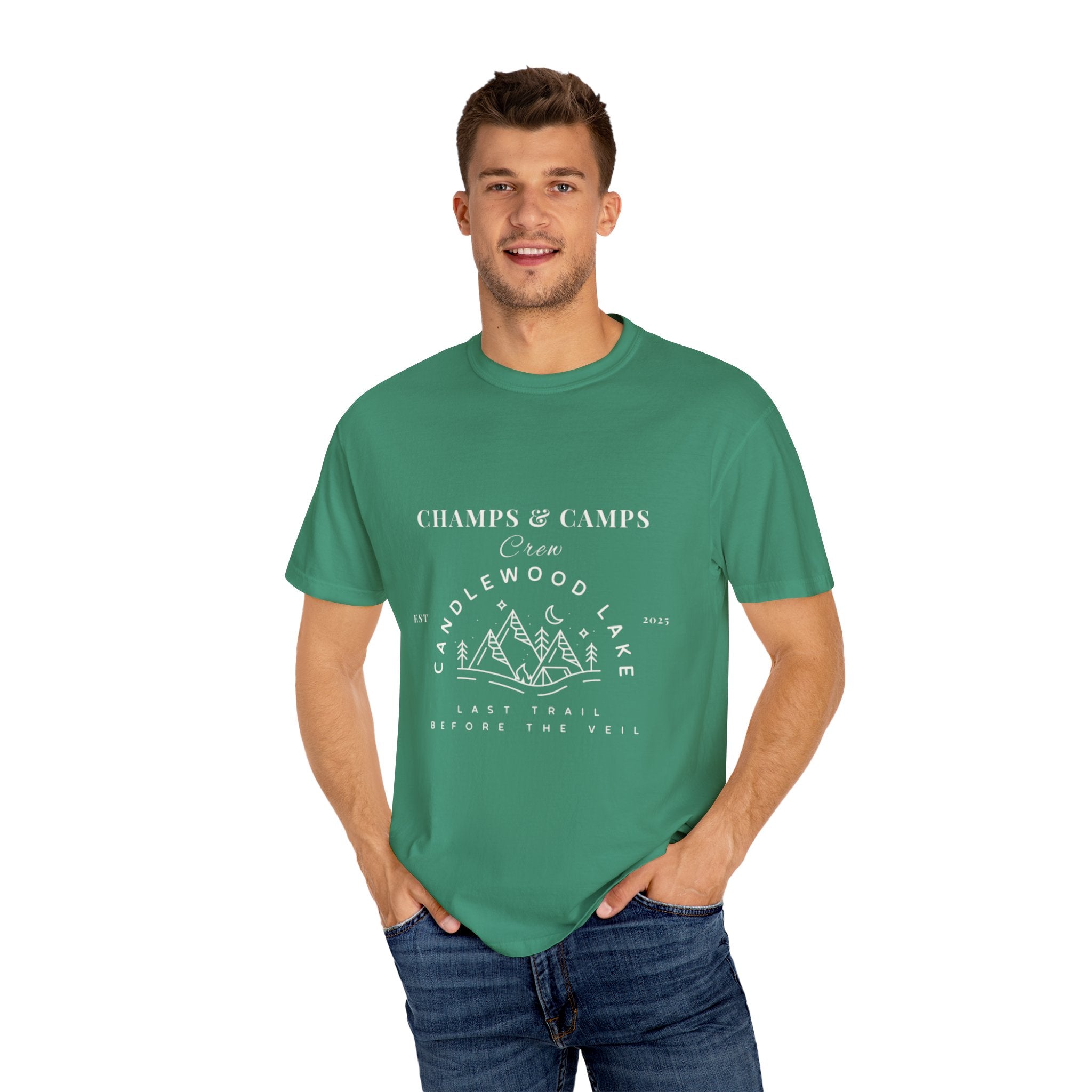 "Champs & Camps" -Camp Themed Bachelorette or Wedding Tee,  Bride Shirt, Last Trail Before The Veil, Bachelorette Party Gift, Summer Vacation Wear, [...]