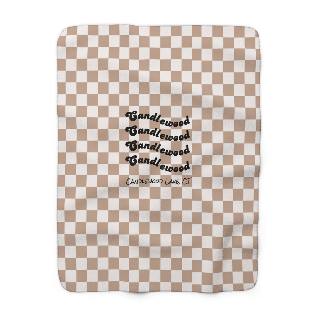 Cozy Lake House Sherpa Fleece Blanket- "Candlewood Lake, CT"-Beige Checkered- Soft Throw for Home, Perfect for Gift, Ocean Decor, Summer Vibes, Checkered Design