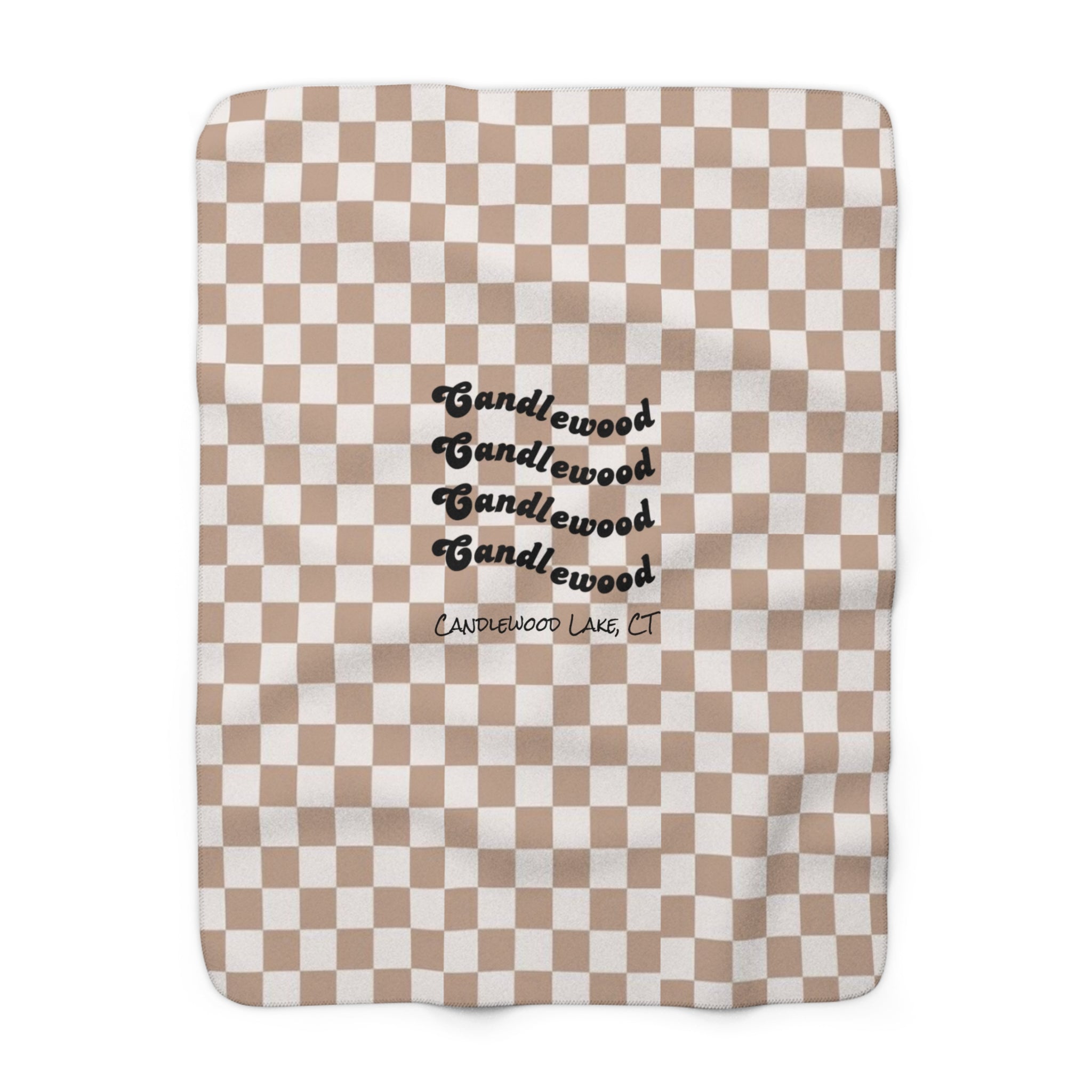 Cozy Lake House Sherpa Fleece Blanket- "Candlewood Lake, CT"-Beige Checkered- Soft Throw for Home, Perfect for Gift, Ocean Decor, Summer Vibes, Checkered Design