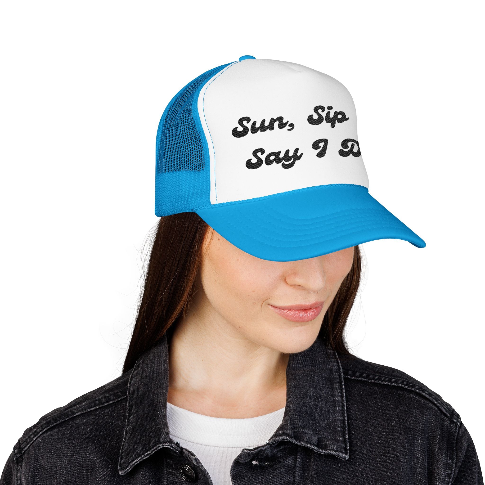 "Sun, Sip & Say I Do"- Foam Trucker Hat, Embroidered Cap, BBQ Hat, Perfect Gift for Grilling Enthusiasts, Summer BBQ Accessory, Fun Party Hat