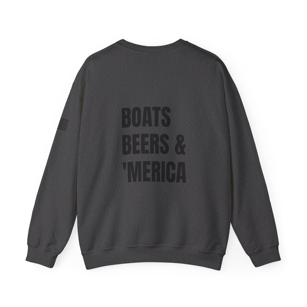 Adult- "'Merica" (Front) "Boats Beers & America" (Back)- Unisex Crewneck Sweatshirt, Fourth of July, Summer Boat Days