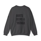Adult- "'Merica" (Front) "Boats Beers & America" (Back)- Unisex Crewneck Sweatshirt, Fourth of July, Summer Boat Days