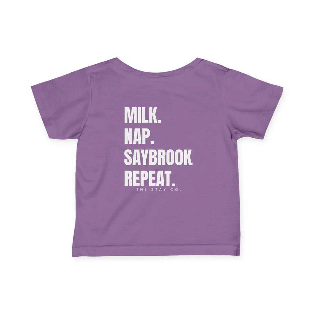 Infant (6M-24M)- Saybrook Manor Association Logo On Front  "MILK. NAP. SAYBROOK. REPEAT." (Back) in White Writing