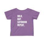 Infant (6M-24M)- Saybrook Manor Association Logo On Front  "MILK. NAP. SAYBROOK. REPEAT." (Back) in White Writing