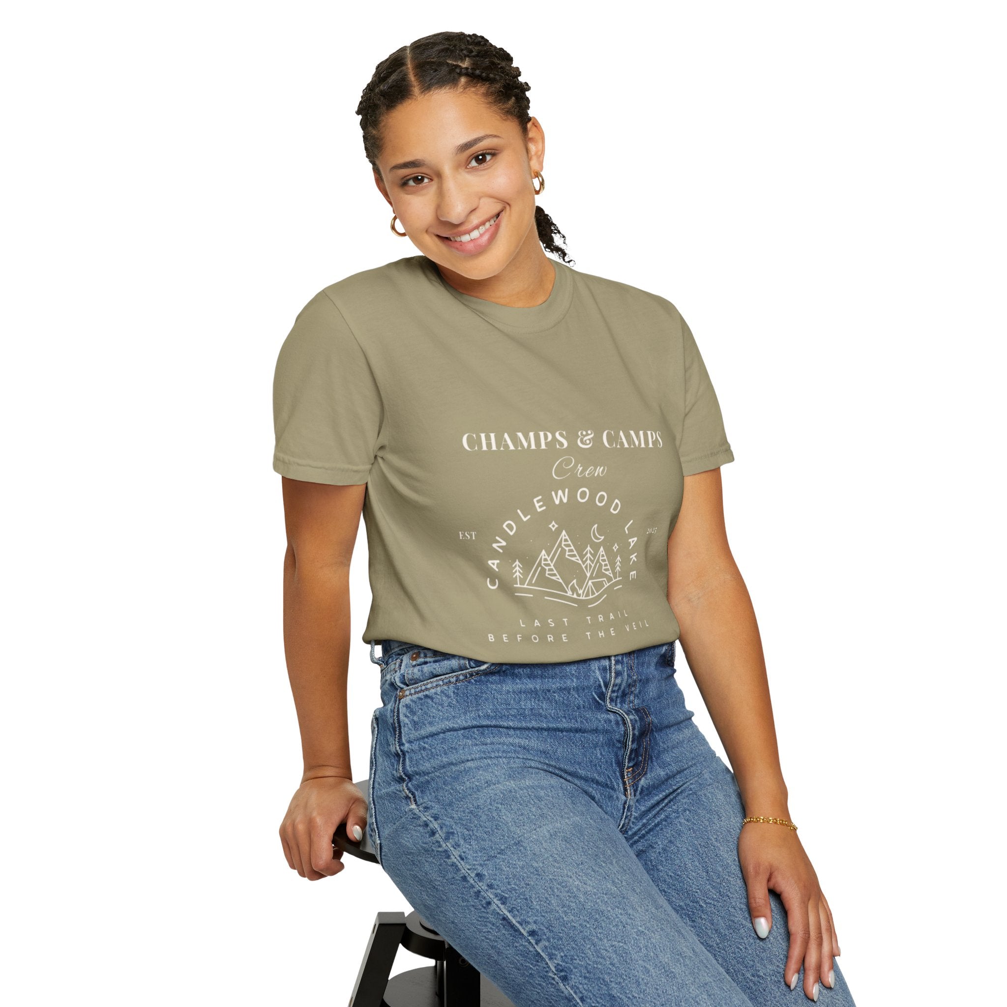 "Champs & Camps" -Camp Themed Bachelorette or Wedding Tee,  Bride Shirt, Last Trail Before The Veil, Bachelorette Party Gift, Summer Vacation Wear, [...]