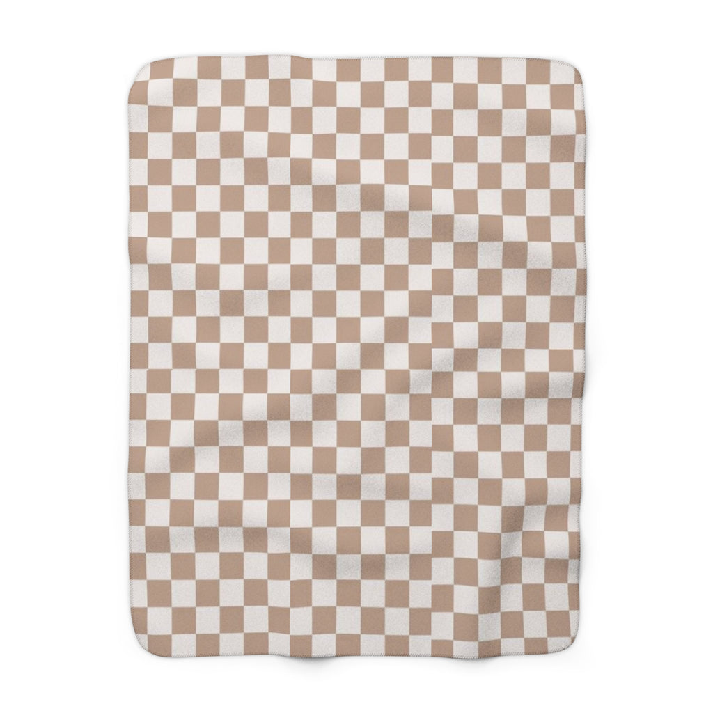 Cozy Sherpa Fleece Blanket-Beige Checkered- No Writing- Soft Throw for Home, Perfect for Gift, Ocean Decor, Summer Vibes, Checkered Design