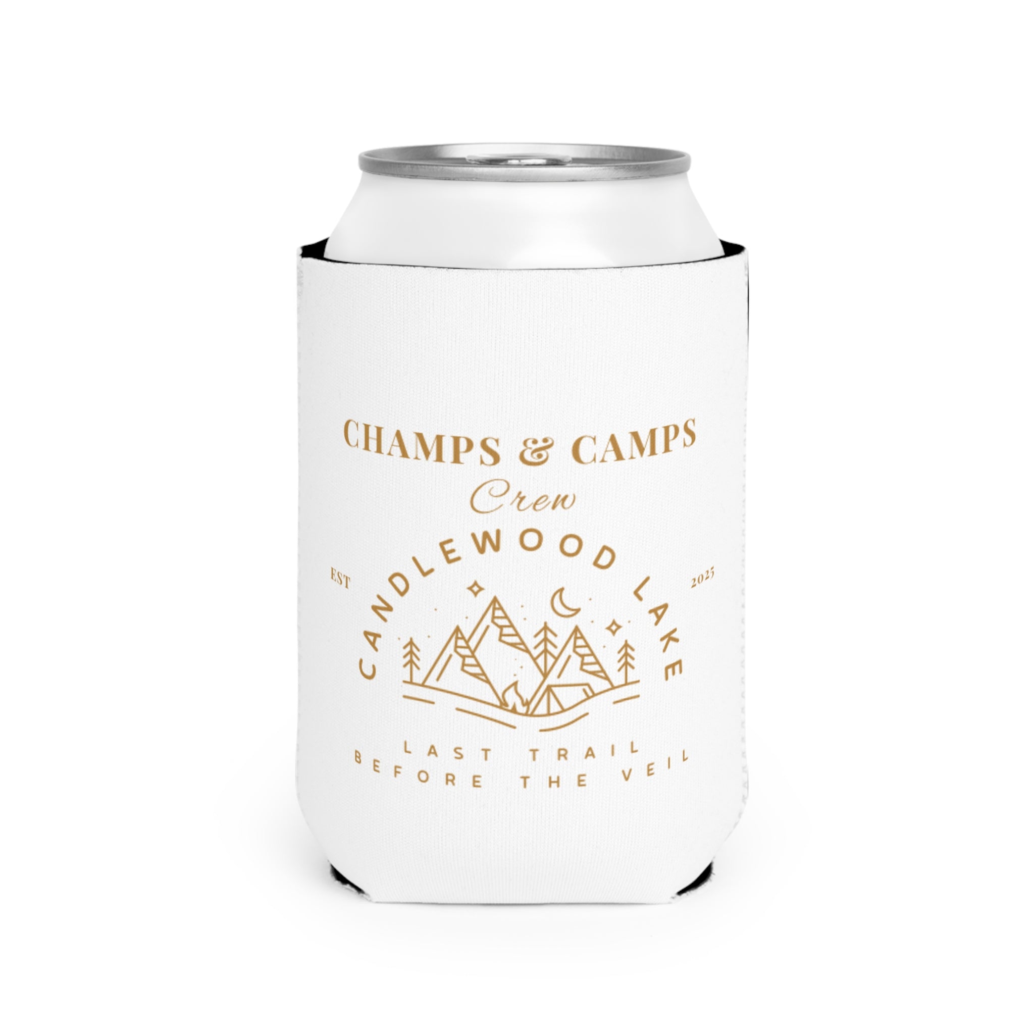 Champs & Camps-Candlewood Lake - Last Trail before the Veil- Stylish Outdoor Can Cooler Sleeve, Perfect for Camping, Beach Days, Parties, Gifts for Outdoors Enthusiasts, Wedding Favors
