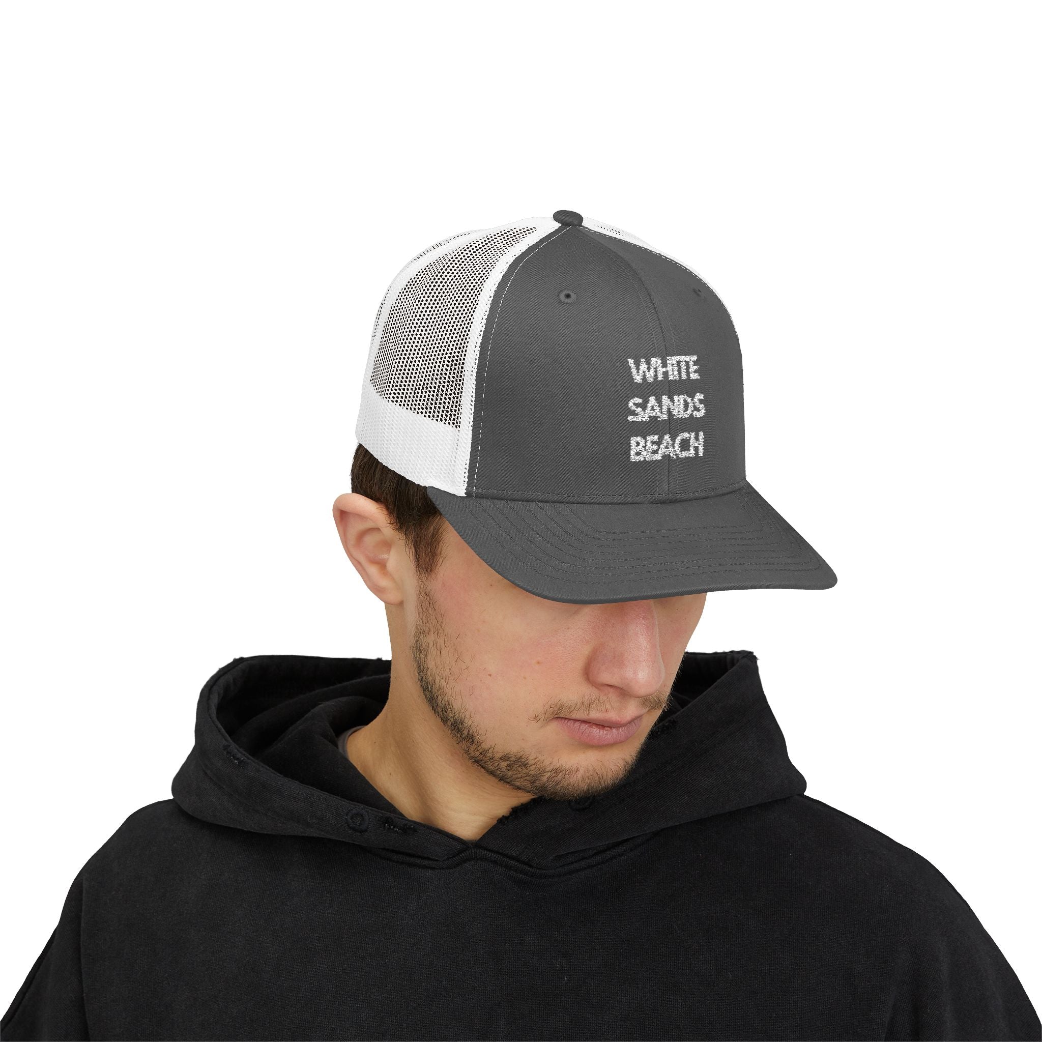 "White Sands Beach" - Snapback Trucker Cap - Perfect for Summer, Vacation, or Outdoor Events, Casual Style, Unisex Accessories, Gift Idea