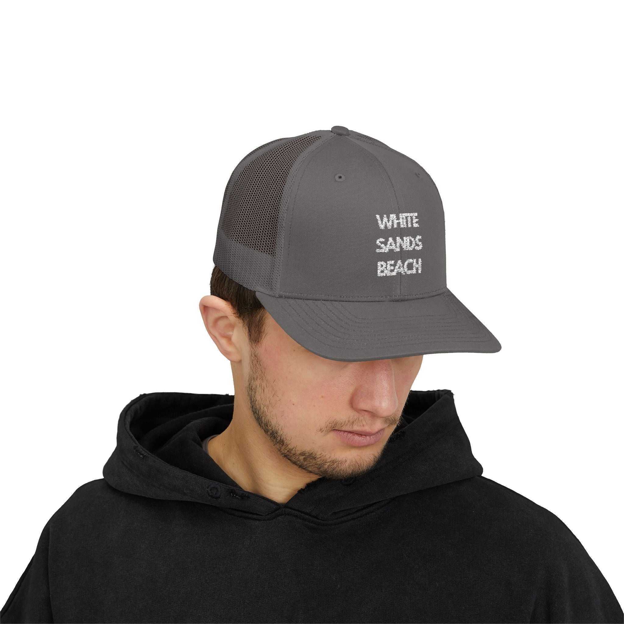 "White Sands Beach" - Snapback Trucker Cap - Perfect for Summer, Vacation, or Outdoor Events, Casual Style, Unisex Accessories, Gift Idea