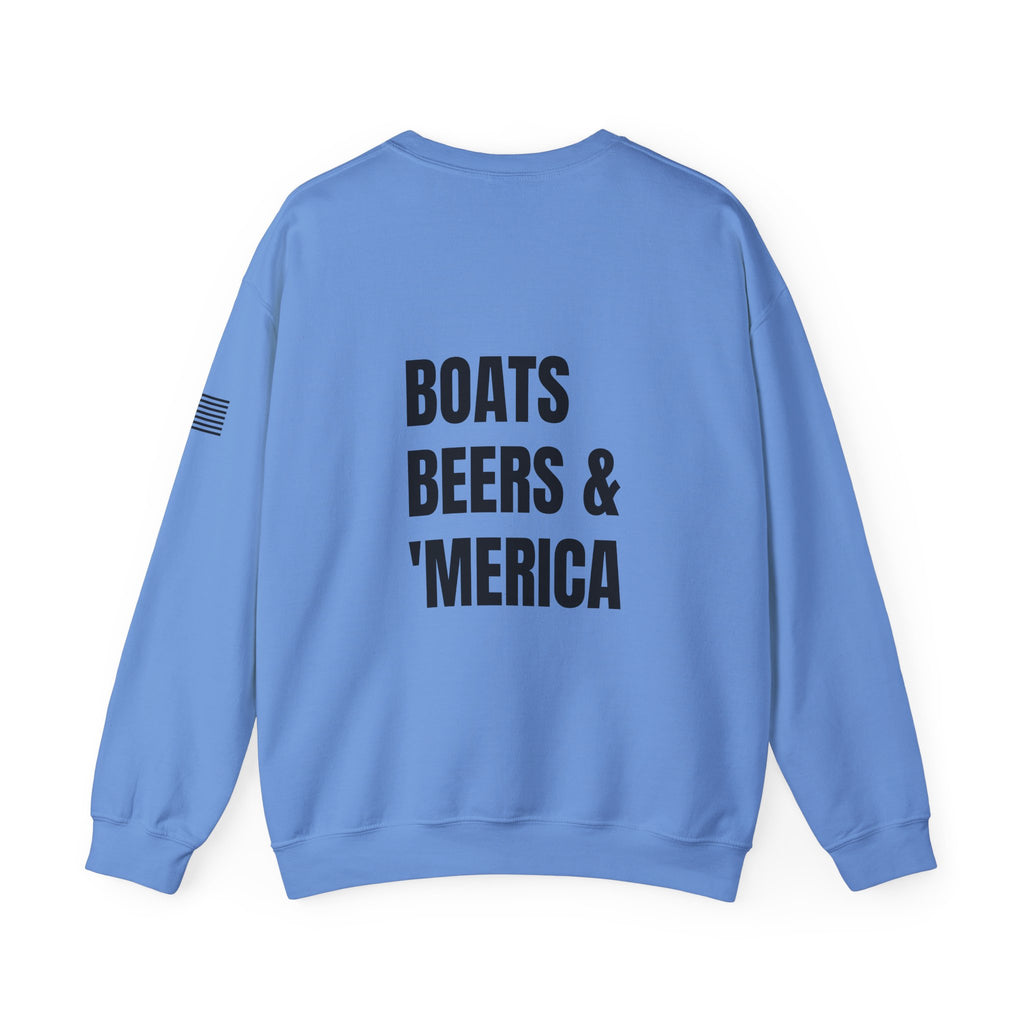 Adult- "'Merica" (Front) "Boats Beers & America" (Back)- Unisex Crewneck Sweatshirt, Fourth of July, Summer Boat Days