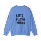 Adult- "'Merica" (Front) "Boats Beers & America" (Back)- Unisex Crewneck Sweatshirt, Fourth of July, Summer Boat Days