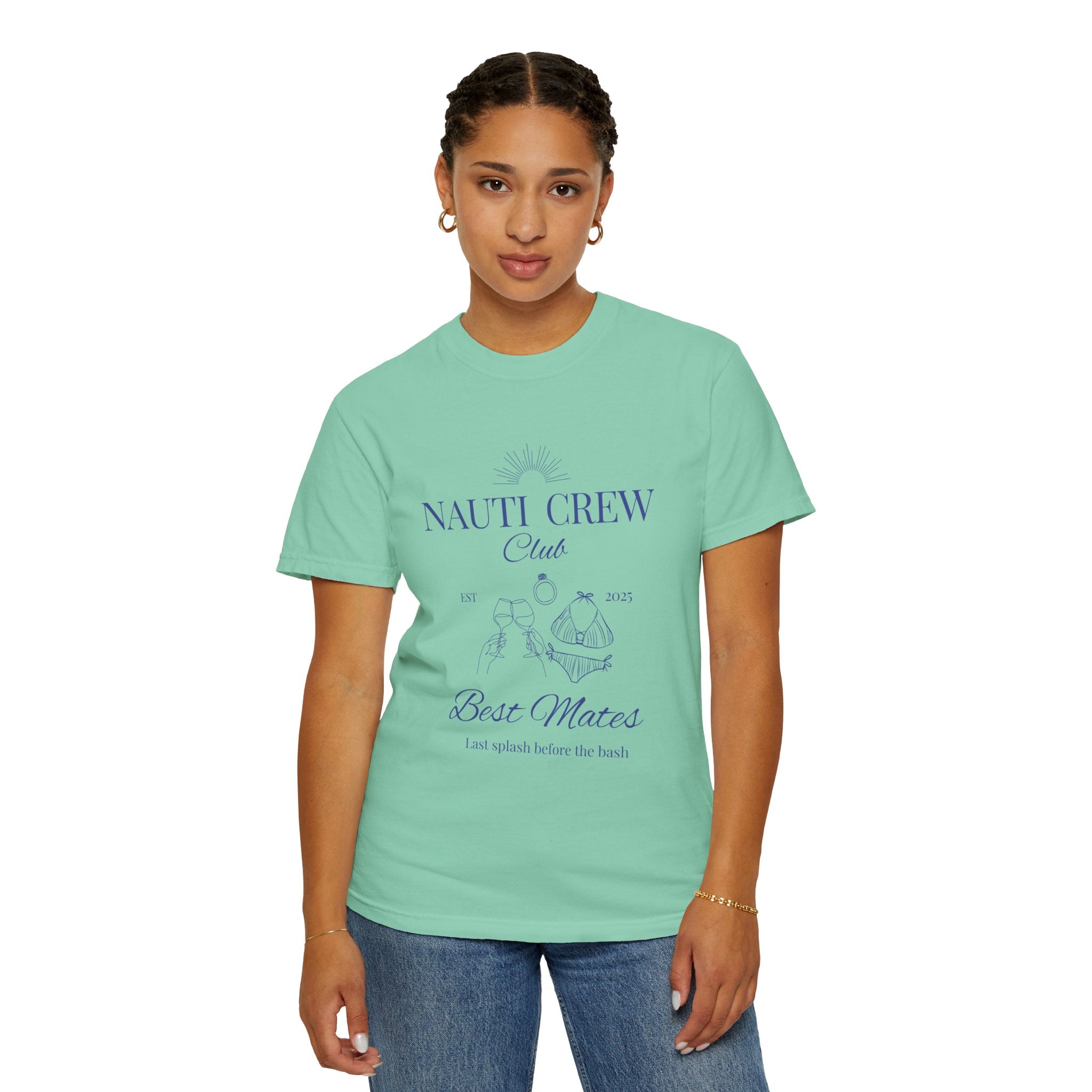 Matching shirt- "Nauti Crew-Best Mates" T-shirt, Unisex Garment-Dyed Tee for Bachelorette and Wedding Parties by the Lake-Perfect for Summer Vacations, Boating Trips, Family Gatherings
