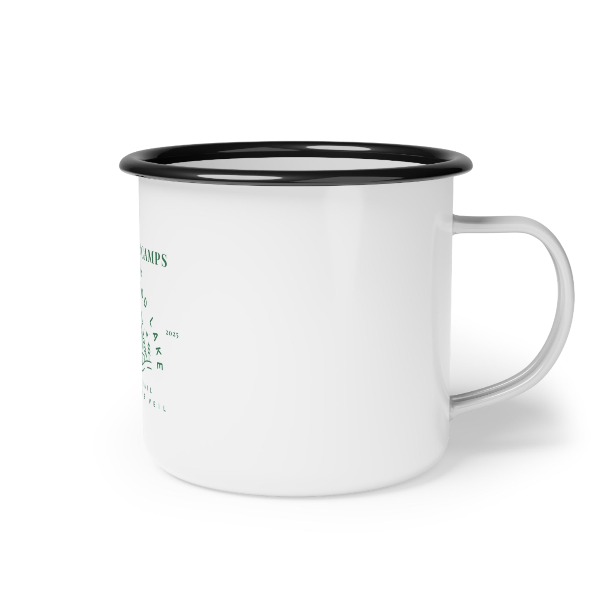 “Champs & Camps” in green -Camping Enamel Mug, Vintage Camp Cup, Outdoor Adventure Drinkware, Gift for Nature Lovers, Hiking Coffee Mug, Cozy Campfire Essentials