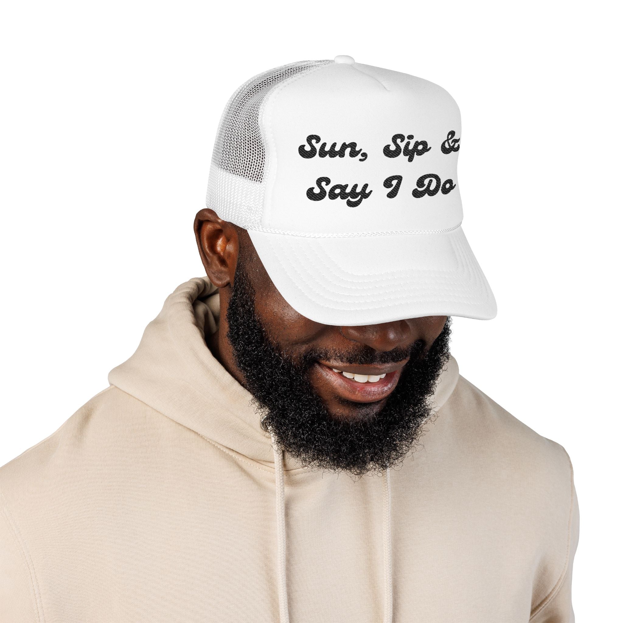"Sun, Sip & Say I Do"- Foam Trucker Hat, Embroidered Cap, BBQ Hat, Perfect Gift for Grilling Enthusiasts, Summer BBQ Accessory, Fun Party Hat