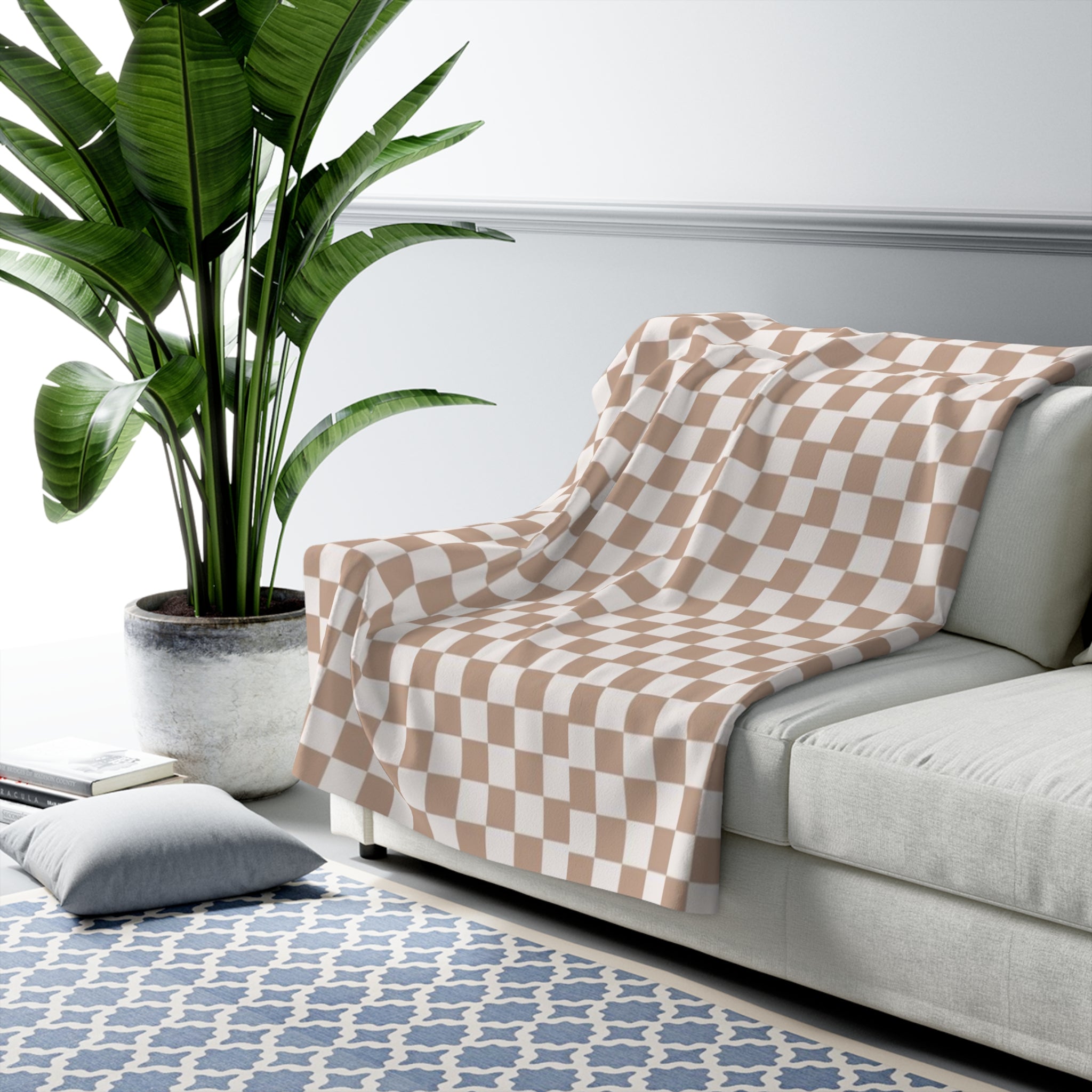 Cozy Sherpa Fleece Blanket-Beige Checkered- No Writing- Soft Throw for Home, Perfect for Gift, Ocean Decor, Summer Vibes, Checkered Design