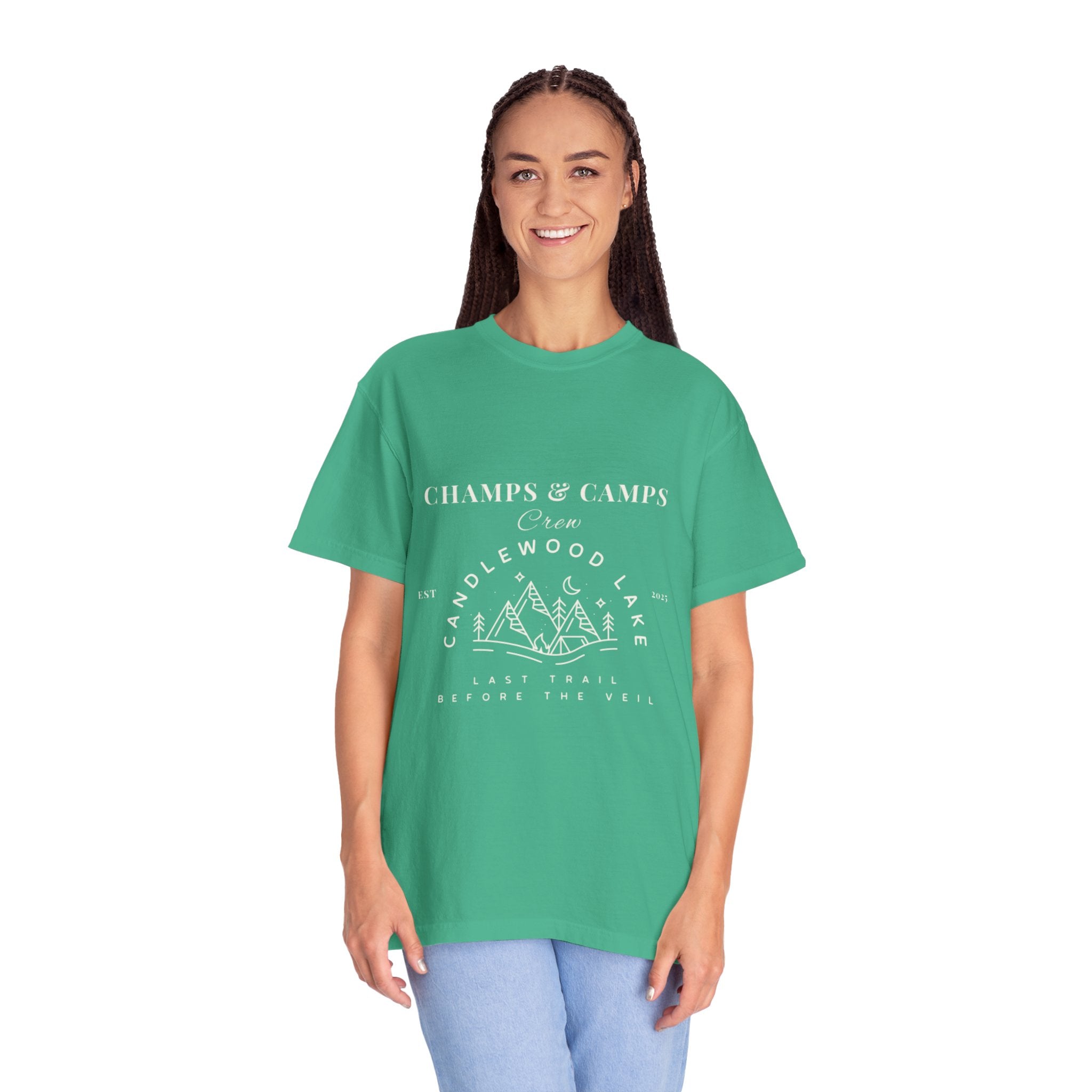 "Champs & Camps" -Camp Themed Bachelorette or Wedding Tee,  Bride Shirt, Last Trail Before The Veil, Bachelorette Party Gift, Summer Vacation Wear, [...]