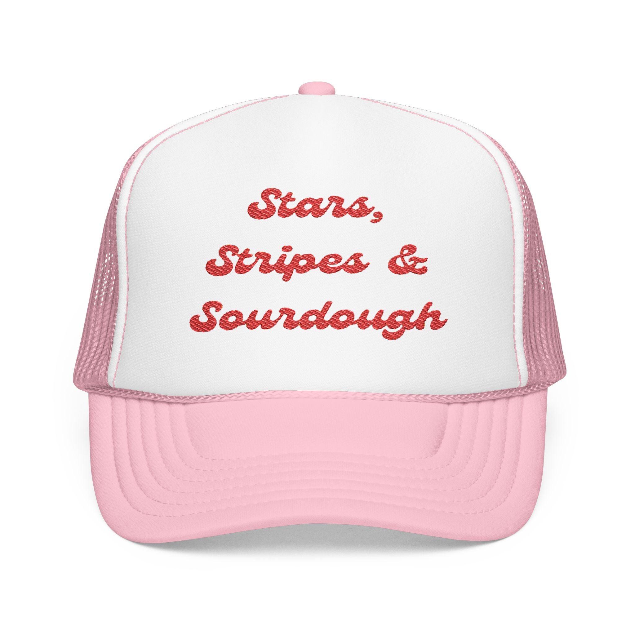 "Stars, Stripes & Sourdough"- Foam Trucker Hat, Embroidered Cap, BBQ Hat, Perfect Gift for Grilling Enthusiasts, Summer BBQ Accessory, Fun Party Hat