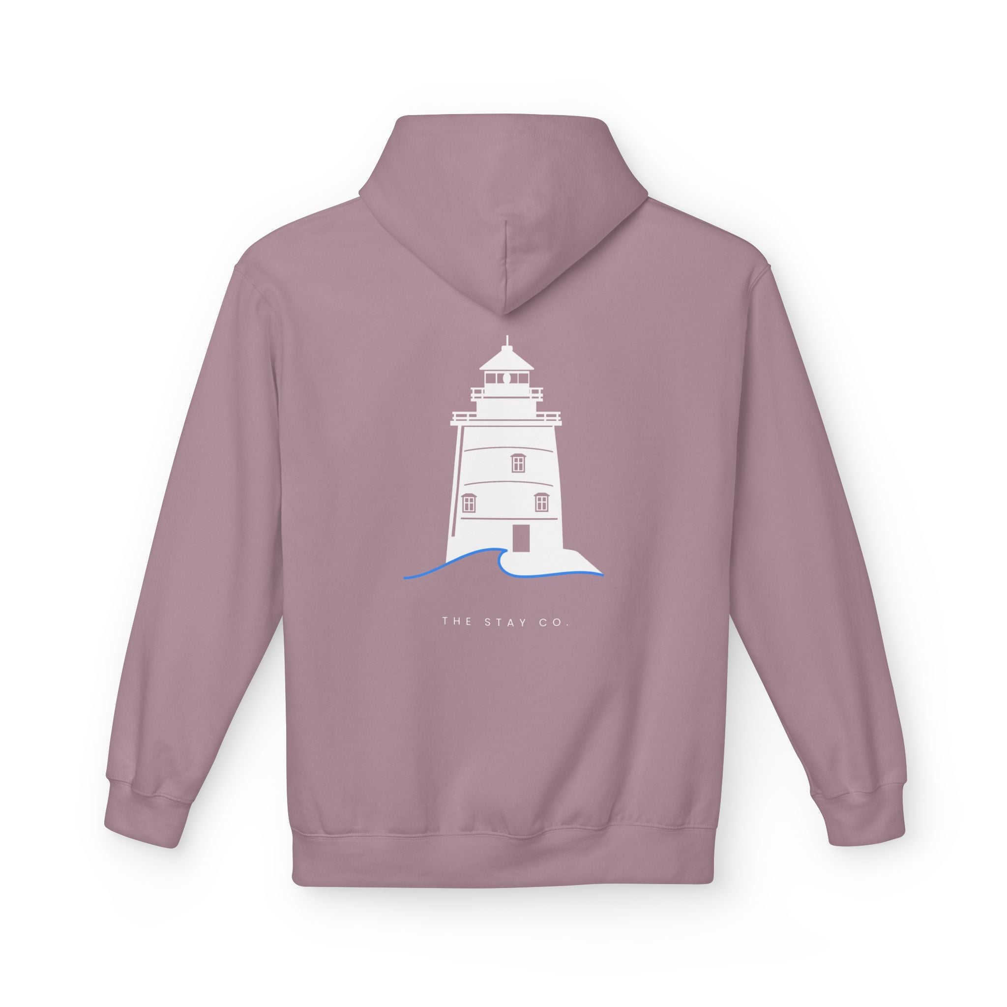Adult- "Old Saybrook" (Front) Old Saybrook Light House (Back) - White Writing Hoodie
