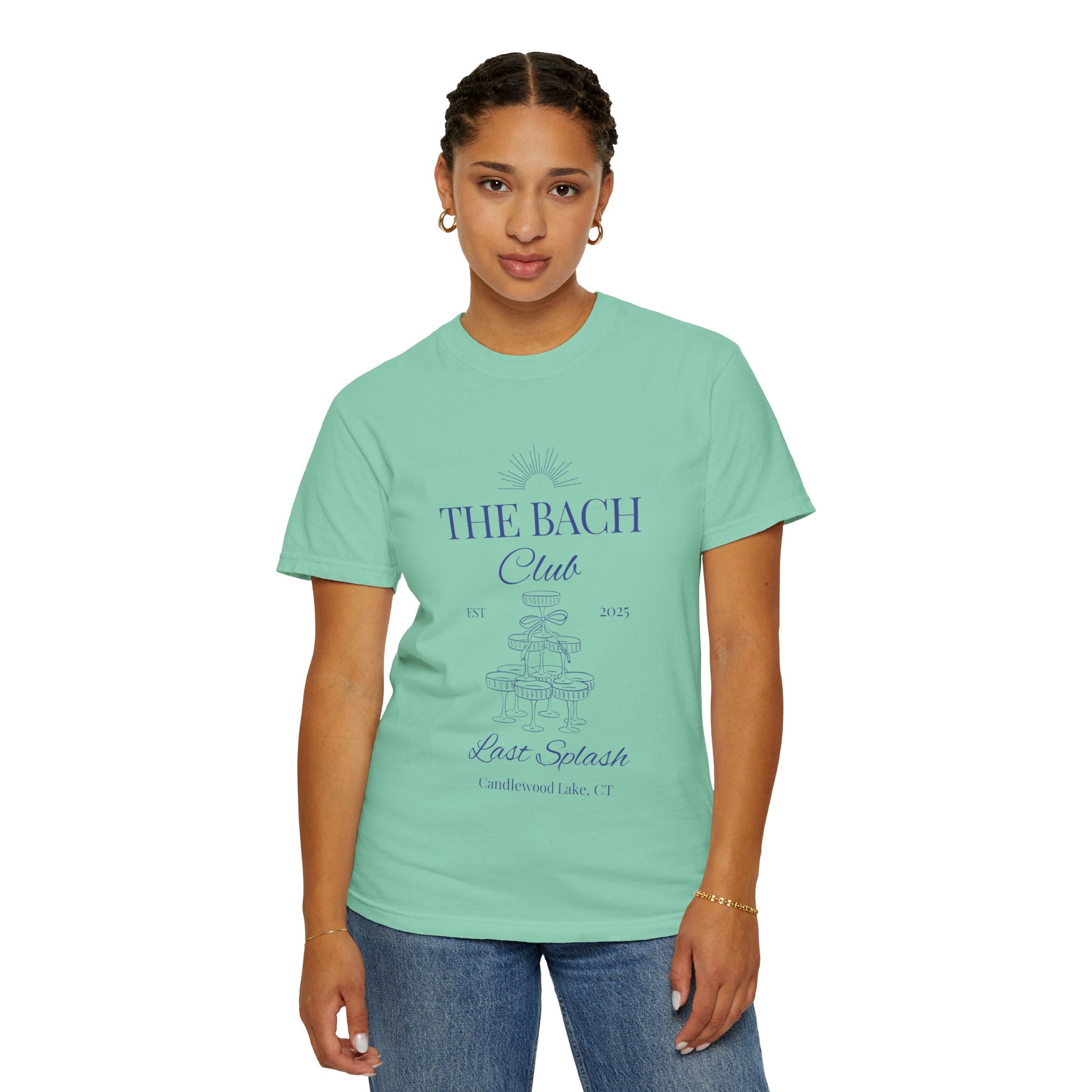 Matching "The Bach Club -Last Splash- Candlewood Lake" -T-Shirt in Blue Writing-Choose a Color-  Perfect for Bachelorette and Wedding Parties- Unisex Vacation Top, Sailor Humor Apparel