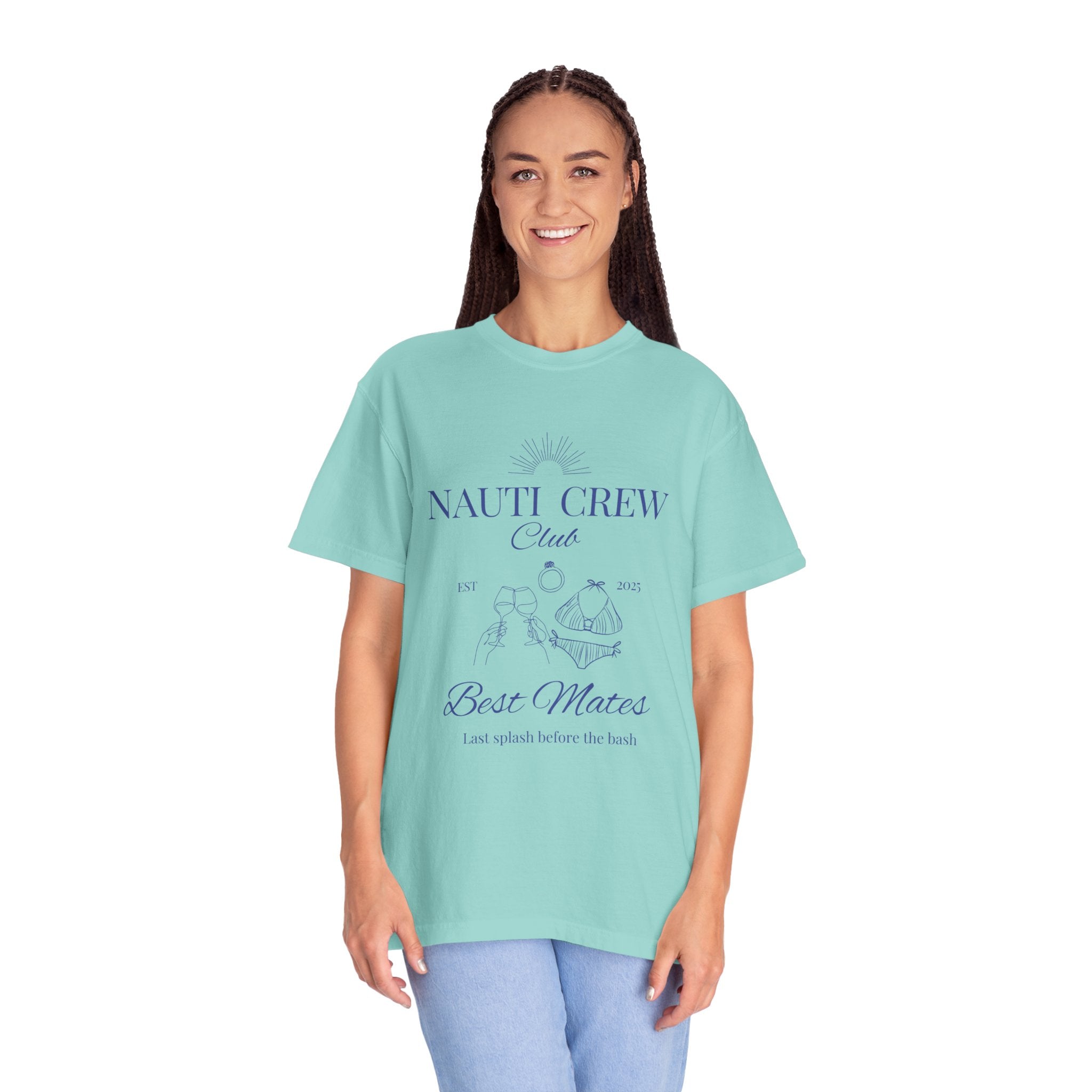 Matching shirt- "Nauti Crew-Best Mates" T-shirt, Unisex Garment-Dyed Tee for Bachelorette and Wedding Parties by the Lake-Perfect for Summer Vacations, Boating Trips, Family Gatherings