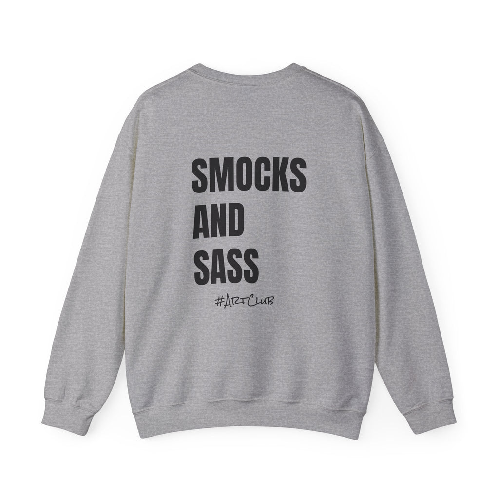 Adult- Art Teacher Crew Neck "Creativity Is Contagious" (Front)- "Smocks And Sass #ArtClub" (Back) -Crewneck Sweatshirt, Cozy Fall Apparel, Unisex Gift, Casual Style, September Vibes, Seasonal Fashion