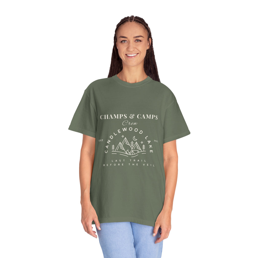 "Champs & Camps" -Camp Themed Bachelorette or Wedding Tee,  Bride Shirt, Last Trail Before The Veil, Bachelorette Party Gift, Summer Vacation Wear, [...]
