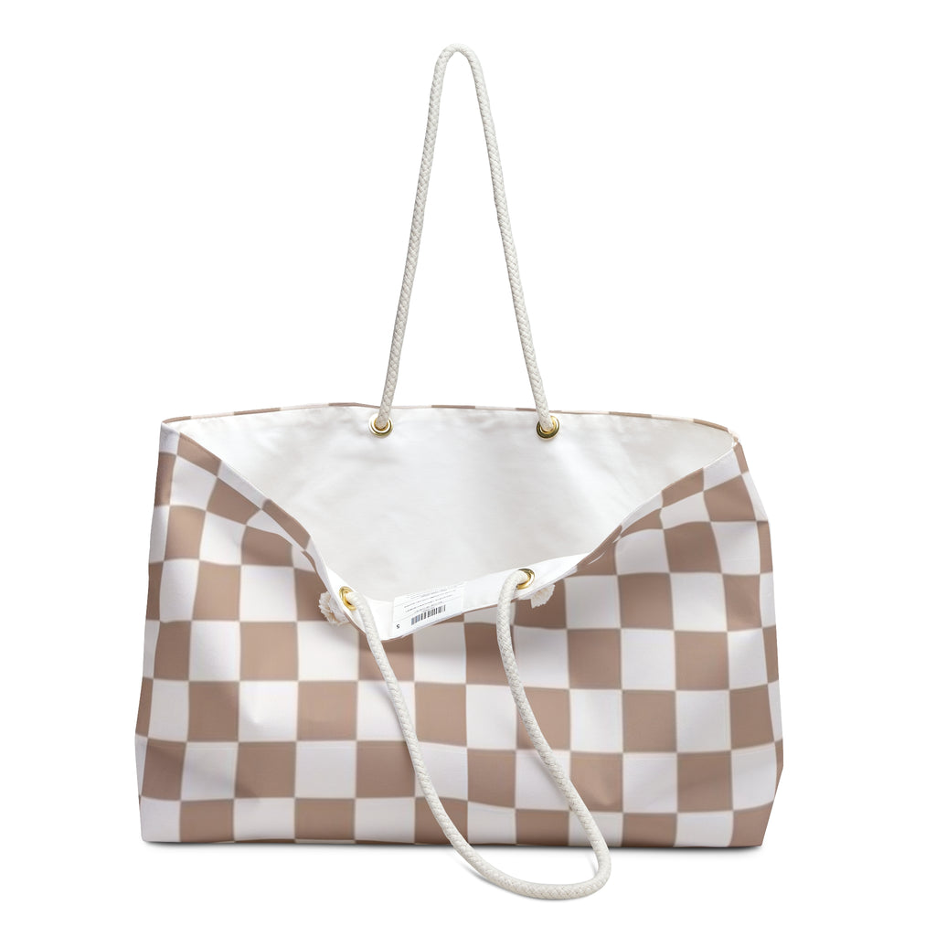 Chic Checkered Weekender Bag | Stylish Travel Tote- Beige Checkered for Weekend Getaways, Gym, Beach, and Daily Errands