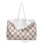 Chic Checkered Weekender Bag | Stylish Travel Tote- Beige Checkered for Weekend Getaways, Gym, Beach, and Daily Errands