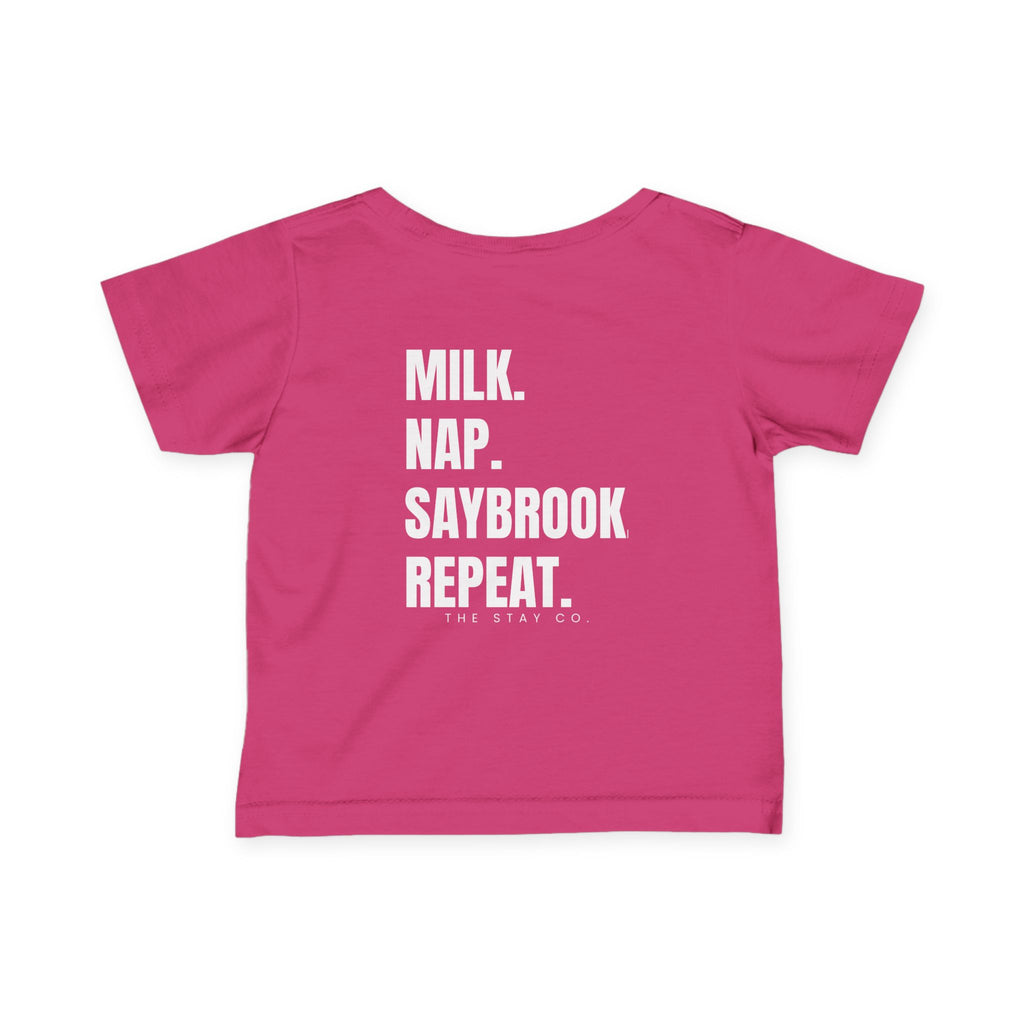 Infant (6M-24M)- Saybrook Manor Association Logo On Front  "MILK. NAP. SAYBROOK. REPEAT." (Back) in White Writing