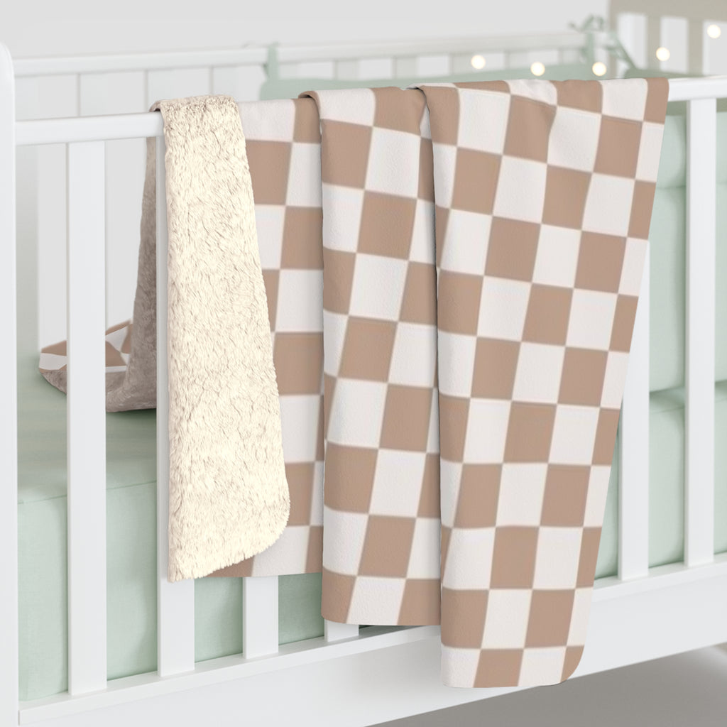Cozy Sherpa Fleece Blanket-Beige Checkered- No Writing- Soft Throw for Home, Perfect for Gift, Ocean Decor, Summer Vibes, Checkered Design