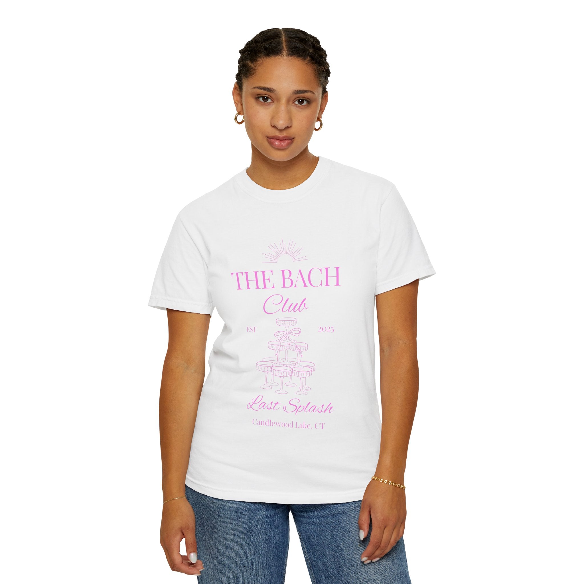 Matching "The Bach Club -Last Splash- Candlewood Lake" -T-Shirt in Pink Writing- Choose a Color- Perfect for Bachelorette and Wedding Parties- Unisex Vacation Top, Sailor Humor Apparel