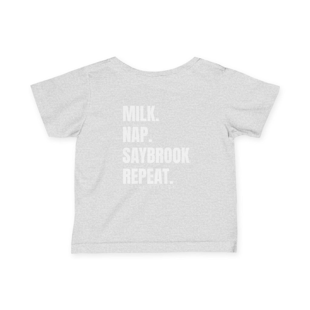 Infant (6M-24M)- Saybrook Manor Association Logo On Front  "MILK. NAP. SAYBROOK. REPEAT." (Back) in White Writing
