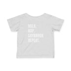 Infant (6M-24M)- Saybrook Manor Association Logo On Front  "MILK. NAP. SAYBROOK. REPEAT." (Back) in White Writing